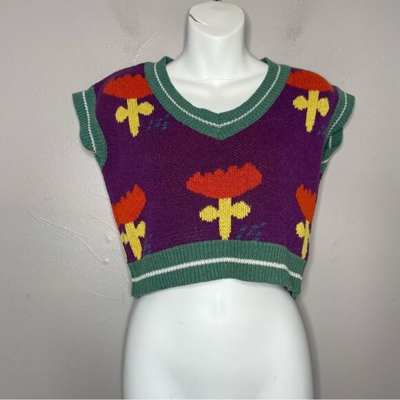 Colorful Flower Cropped Knit Sweater Vest Unique Funky Twee Maximalist Grandma - Picture 1 of 7